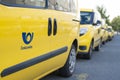 Olomouc Czech Rep 23th July 2019 yellow Czech Post Office cars parked in a line. Lined up pick-ups cars of Cesk Posta