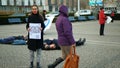 OLOMOUC, CZECH REPUBLIC, JANUARY 10, 2019: Extinction rebellion activist Anna Martinkova banner symbol circle hourglass