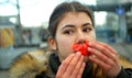 OLOMOUC, CZECH REPUBLIC, JANUARY 10, 2019: Extinction rebellion activist girl protest Katerina Dudkova sealed mouth with