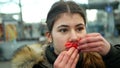 OLOMOUC, CZECH REPUBLIC, JANUARY 10, 2019: Extinction rebellion activist girl protest Katerina Dudkova sealed mouth with