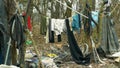 OLOMOUC, CZECH REPUBLIC, JANUARY 2, 2019: Sheets homeless ghetto wood plastic foil chalet tent building lair people man