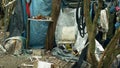 OLOMOUC, CZECH REPUBLIC, JANUARY 2, 2019: Sheets homeless ghetto wood plastic foil chalet tent building lair people man