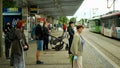 OLOMOUC, CZECH REPUBLIC, JUNE 22, 2020: Coronavirus mask face tram streetcar stop tram crowd people passengers they get