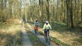 OLOMOUC, CZECH REPUBLIC, MARCH 13, 2020: Face masks coronavirus risk covid-19 family man woman on bike trip on bikes wheels in