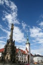 Holy trinity column, or sloup nejsvetejsi trojice, on the horni namesti square of olomouc with the radnica, the local city hall