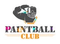 ÃÂ¡olorful paintball sport club logotype. Man in full equipment with tinted mask salutes. Design for print, web, emblem, t-shirt.