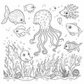 ?oloring book for children underwater world, black and white drawing, fish, algae,