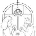 ÃÂ¡oloring page. Cat and girl drink coffee, tea. Cartoon picture of a cat and a girl