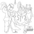 ÃÂ¡oloring page. A cat turns the handle of the gramophone. Girl dancing tango. Cartoon picture of a cat and a girl