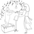 ÃÂ¡oloring page. Woman plays violin. Cat conducts. Cartoon picture of a cat and a girl