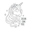 ÃÂ¡oloring pages. Unicorn drawing. Dream come true text. Design for kids. Fashion illustration drawing in modern style for clothes