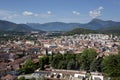 Olot, Spain, May 1, 2020 - View on town and Garrocha Volcano Nature Park