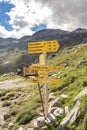 Olpererhutte, Austria - Aug 7, 2020: Trekking road sign on top of Zillertal alps