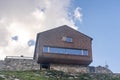 Olpererhutte, Austria - Aug 7, 2020: upward view of restaurant hostel on top of Zillertal alps