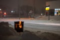 Olsztyn, Poland - February 8, 2021 - Frosty Winter in Olsztyn seeded hand heater at bus stops