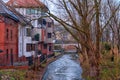 Olsztyn, Poland, 2017. 11. 30 Pisa river in Barczewo, beautufull view to river from colorful houses. Royalty Free Stock Photo