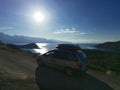 Oludeniz, Turkey - 16 December 2022: A silver Dodge Caravan minivan type car with a roof rack