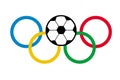 Olympiad rings with soccer ball. Olympiad symbol on isolated background. Sports games logo. Flat illustration