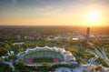 Aerial view of Olympic park with stadium at sunset in Munich Royalty Free Stock Photo
