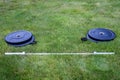 Olympic barbell with black weight plates on a green lawn, ready for an outdoor workout