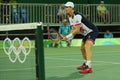 Olympic champion Andy Murray of Great Britain in action during men`s doubles first round match of the Rio 2016 Olympic Games Royalty Free Stock Photo