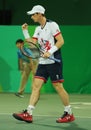 Olympic champion Andy Murray of Great Britain in action during men`s doubles first round match of the Rio 2016 Olympic Games Royalty Free Stock Photo