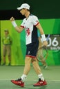 Olympic champion Andy Murray of Great Britain in action during men`s doubles first round match of the Rio 2016 Olympic Games Royalty Free Stock Photo