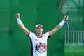 Olympic champion Andy Murray of Great Britain celebrates victory after men`s singles quarterfinal of the Rio 2016 Olympic Games Royalty Free Stock Photo