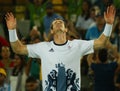 Olympic champion Andy Murray of Great Britain celebrates victory after tennis men`s singles final of the Rio 2016 Olympic Games Royalty Free Stock Photo