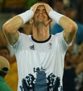 Olympic champion Andy Murray of Great Britain celebrates victory after tennis men`s singles final of the Rio 2016 Olympic Games Royalty Free Stock Photo