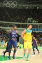 Olympic champion Carmelo Anthony of Team USA L and David Andersen of Australia in action during group A basketball match