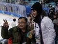 Olympic champion in Ladies` Moguls Perrine Laffont of France posing with gold medal Royalty Free Stock Photo