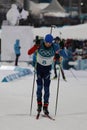 Olympic champion Martin Fourcade of France competes in biathlon men`s 12.5km pursuit at the 2018 Winter Olympics Royalty Free Stock Photo