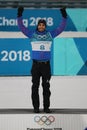 Olympic champion Martin Fourcade of France competes in biathlon men`s 12.5km pursuit at the 2018 Winter Olympics Royalty Free Stock Photo