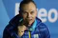 Olympic champion Oleksandr Abramenko of Ukraine celebrates victory in the Men`s Aerials Freestyle Skiing in Medal Plaza Royalty Free Stock Photo