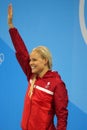 Olympic champion Pernille Blume of Denmark celebrates victory during medal ceremony after Women`s 50 metre freestyle final