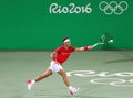 Olympic champion Rafael Nadal of Spain in action during men`s doubles round 3 of the Rio 2016 Olympic Games Royalty Free Stock Photo