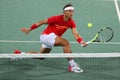 Olympic champion Rafael Nadal of Spain in action during men`s doubles round 3 of the Rio 2016 Olympic Games Royalty Free Stock Photo