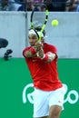 Olympic champion Rafael Nadal of Spain in action during men`s singles semifinal of the Rio 2016 Olympic Games Royalty Free Stock Photo