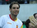 Olympic champion Rafael Nadal of Spain taking selfie with tennis fan after men`s singles semifinal of the Rio 2016 Olympic Games Royalty Free Stock Photo