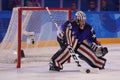 Olympic champion Team USA goalkeeper Nicole Hensley in action against Team Olympic Athlete from Russia