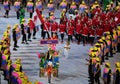 Olympic champion trampoline gymnast Rosie MacLennan carrying Canadian flag leading the Olympic team Canada in the Rio 2016 Opening