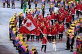 Olympic champion trampoline gymnast Rosie MacLennan carrying Canadian flag leading the Olympic team Canada in the Rio 2016 Opening