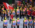 Olympic champion trampoline gymnast Rosie MacLennan carrying Canadian flag leading the Olympic team Canada in the Rio 2016 Opening