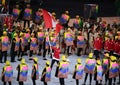 Olympic champion trampoline gymnast Rosie MacLennan carrying Canadian flag leading the Olympic team Canada in the Rio 2016 Opening