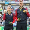 Olympic champions Bethanie Mattek-Sands (L) and Jack Sock of USA during medal ceremony after victory at mixed doubles final