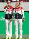 Olympic champions team Russia Ekaterina Makarova (L) and Elena Vesnina during medal ceremony after tennis doubles final