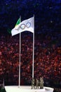 Olympic Flag in the Maracana Olympic stadium during the opening ceremony of Rio 2016 Summer Olympic Games in Rio de Janeiro Royalty Free Stock Photo