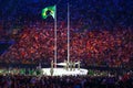 The Olympic Flag in the Maracana Olympic stadium during the opening ceremony of Rio 2016 Summer Olympic Games in Rio de Janeiro Royalty Free Stock Photo