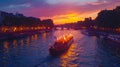 Olympic games opening ceremony in the evening sunset. Water parade in Paris, river with boat and crowds cheering on the